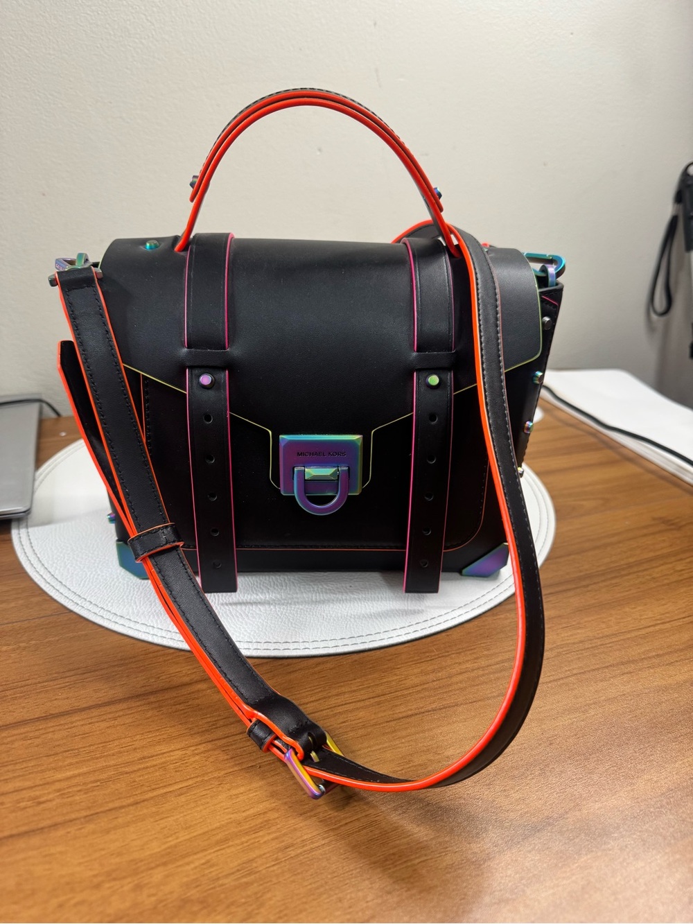 Michael Kors Black Satchel with Neon Orange Trim and Iridescent Hardware
